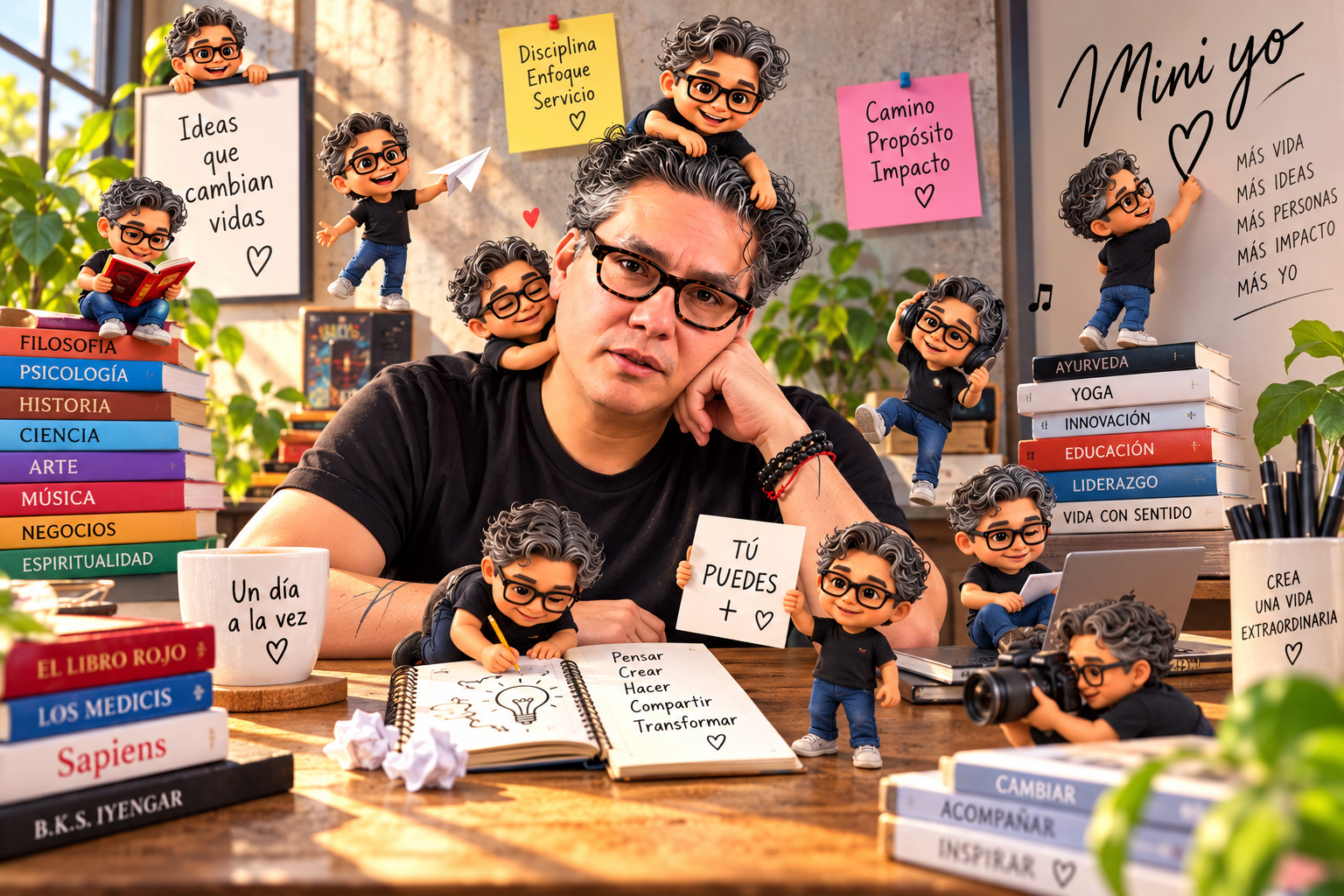 Agustín rodeado de mini versiones de sí mismo explorando ideas, libros, disciplina y propósito
